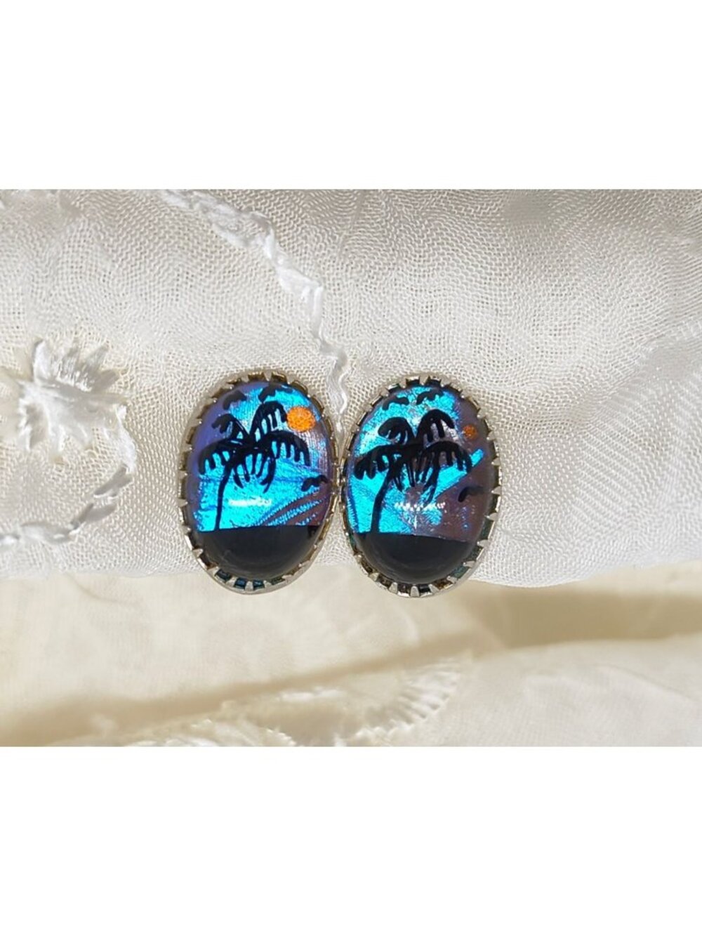 Butterfly Wing Blue Morpho Screw Back Earrings Sterling Silver Palm Trees Moon